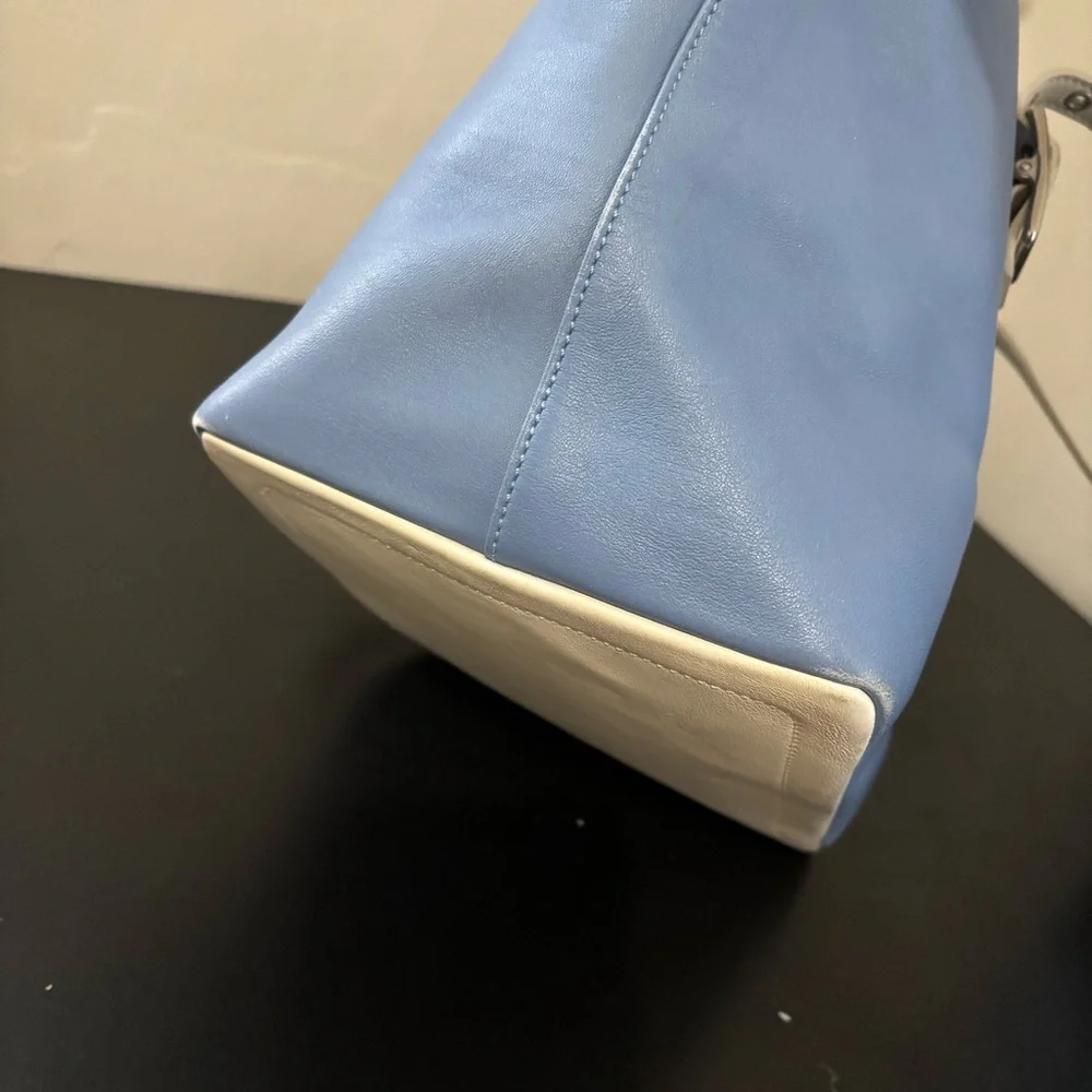 Coach Vintage Leather Shoulder Tote Purse Silver Buckle Minimalist Blue